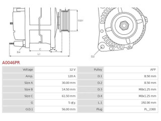 Генератор A0046PR Audi A3 S3 8P