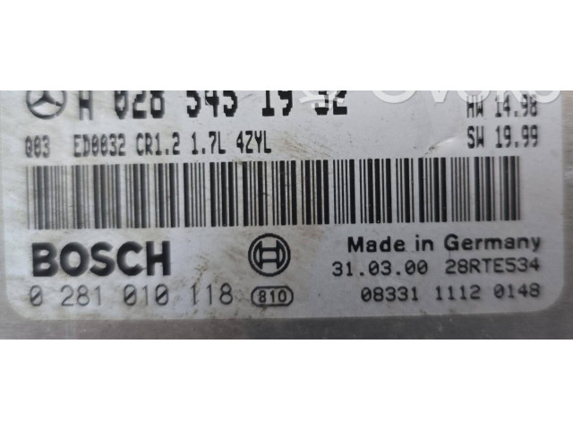 Řídící jednotka A0285451932, 0281010118 Mercedes-Benz A W168 1997