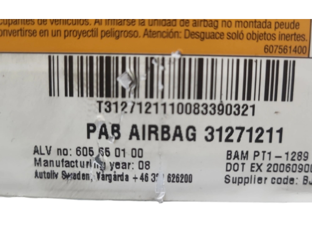 Подушка безопасности пассажира 606452900, 31271211 Volvo V70