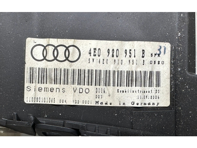Přístrojová deska Audi A8 S8 D3 4E 2006 4E0920951B, 4E0910951B