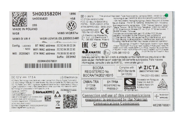 Радио/ проигрыватель CD/DVD / навигация  5H0035820H   Volkswagen Golf VIII 