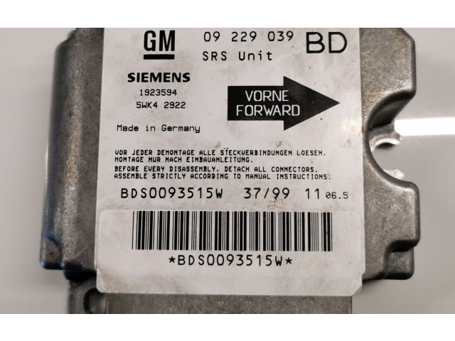 Блок подушек безопасности 09229039BD, 5WK42922   Opel Vectra B