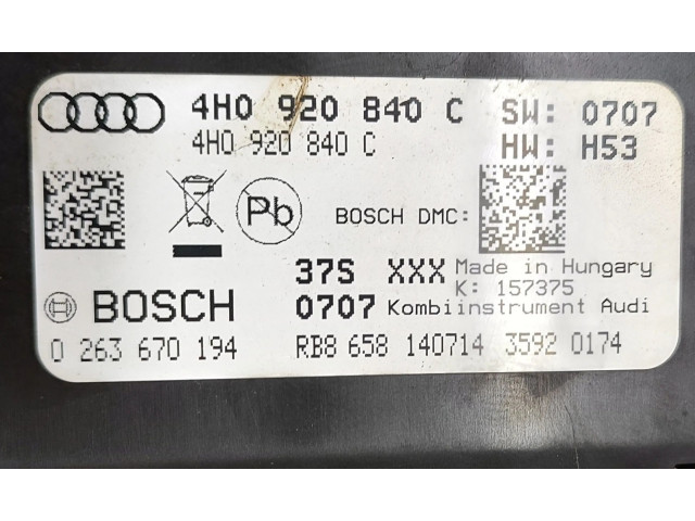 Přístrojová deska  Audi A8 S8 D4 4H 2011 4H0920840C, 0263670194  