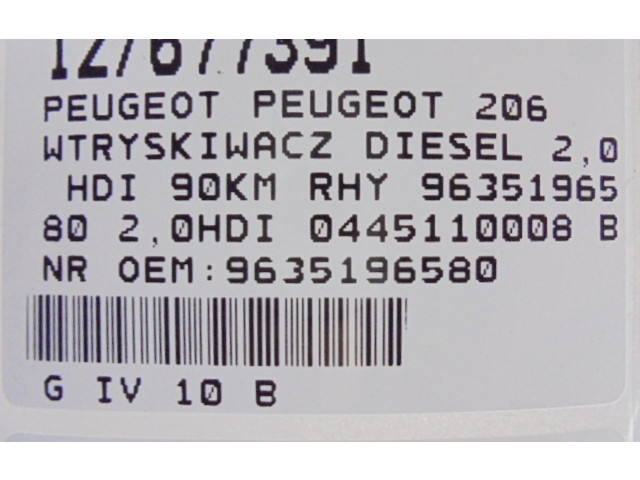 Vstřikovač 9635196580, 9635196580 Peugeot 206 CC