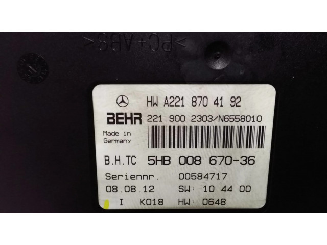 Блок управления климат-контролем A2218704192, 5HB00867036   Mercedes-Benz S W221