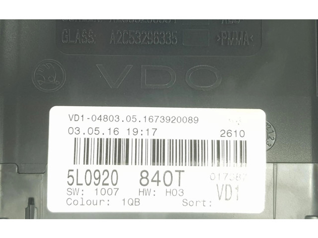 Панель приборов 5L0920840T, 5L0920840T   Skoda Yeti (5L)       