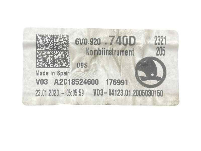 Панель приборов 6V0920740D, A2C18524600 Skoda Fabia Mk3 (NJ)