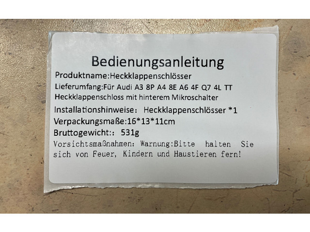 Zámek zadních dveří 5281408975, 395910062181 Audi A3 S3 8V 2020