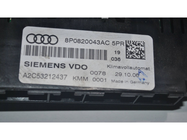 Блок управления климат-контролем 8P0820043AC, A2C53212437   Audi A3 S3 8P
