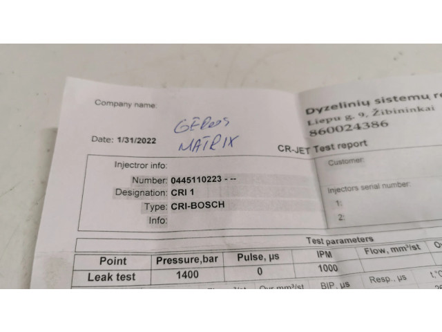 Vstřikovač 0445110223   Hyundai Matrix  pro naftový motor 1.5  