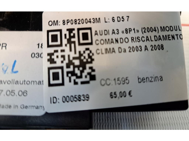Блок управления климат-контролем 8P0820043M, 8P0820043M Audi A3 S3 8P