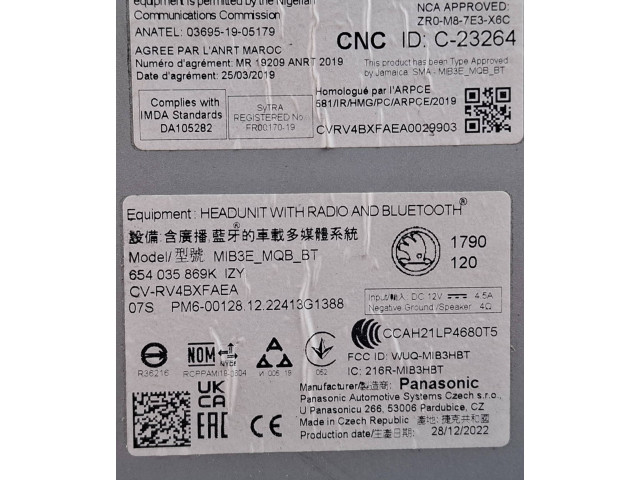 Радио/ проигрыватель CD/DVD / навигация 654035869K Skoda Scala