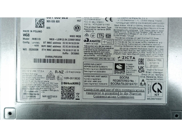 Pojistková skříňka Считывающее устройство навигации 3G1035820 Volkswagen Polo VI 2022