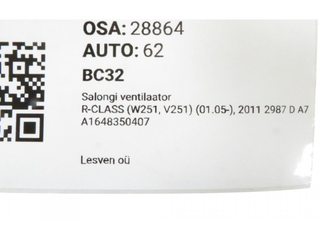 Вентилятор печки    A1648350407, A1648350407   Mercedes-Benz R W251