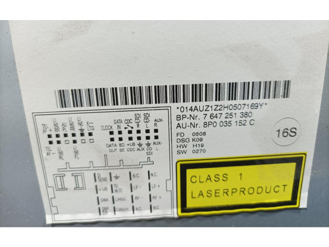 Радио/ проигрыватель CD/DVD / навигация 8P0035152C, 8P0035152C Audi A3 S3 A3 Sportback 8P для двигателя CAXC